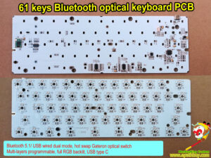 Bluetooth 5.1/ USB wired dual mode mechanical keyboard PCB,60% 61 keys hot swap Gateron optical switch, wireless, programmable, full RGB backlit, USB type C keyboard PCBA iSK61s-bt