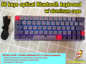 Compact aluminum Bluetooth keyboard,65% 66 keys bluetooth/wired 2-in-1 mechanical keyboard, hot swap optical switch, rgb backlit, programmble, USB type C