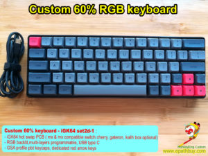 Custom 60% mechanical keyboard: 64 keys hot swap PCB, GSA profile pbt dye-subbed keycaps, dedicated red arrow keys, RGB backlit, multi-layers programmable, USB type C