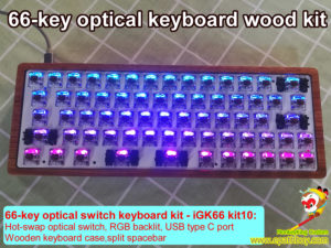 Custom 66-key hot swappable optical switch RGB mechanical keyboard wooden case kit,split spacebar,detachable USB C cable, Gateron blue, red, black, brown, yellow,and silver optical switches optional