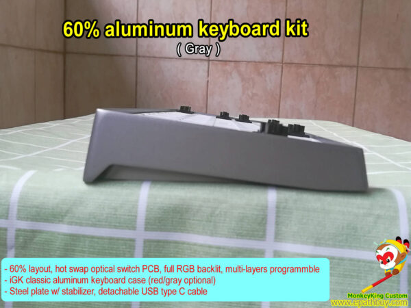 Custom 60% optical switch mechanical keyboard kit, classic iGK gray aluminum case, hot swap PCB, w/ detachable USB type C cable