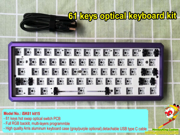 2021 custom 60% optical keyboard kit, 61 keys poker layout, hot swap optical key switch PCB, RGB backlit, programmable, GK Arris aluminum case, USB C
