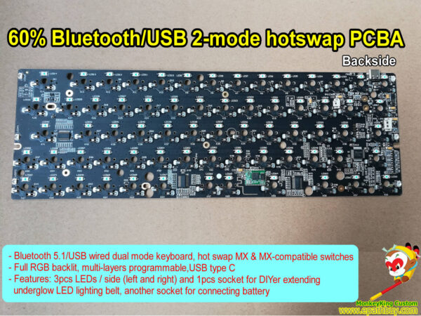 60% wireless Bluetooth 5.1/ USB wired dual mode hot swap mx switch mechanical keyboard PCBA iGK61XS-BT: 16.8M full RGB backlit, multi-layers programmable, w/ side LED light, sockets for DIYer connecting rgb LED light belt and battery