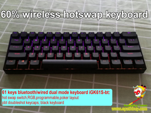Custom 60% wireless hotswap keyboard, 61 keys 60% bluetooth/wired 2-in-1 keyboard,black pbt doubleshot keycaps, rgb backlit, programmable, usb type c