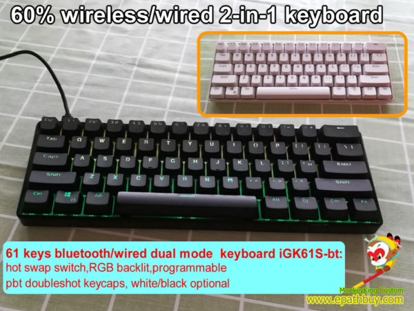 61 keys 60% bluetooth/wired 2-in-1 keyboard,custom mechanical keyboard switch,RGB backlit,programmable, pbt doubleshot keycaps, white/black 