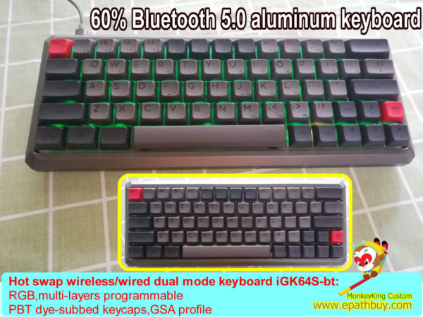 60 wireless bluetooth/wired dual mode keyboard iGK64s(GK64S), hot swap switch, rgb backlit, multi-layers programmable
