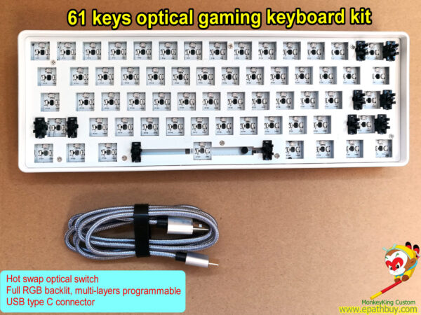 61 keys hot swap optical gaming keyboard kit,60% compact hot swap optical switch keyboard barebone kit, RGB backlit, programmable gaming kit