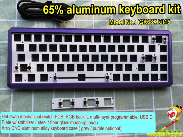 65% aluminum keyboard kit, custom high quality purple case, steel plate, hot swappable keyboard PCB,full RGB backlit, best gaming mechanical keyboard kit