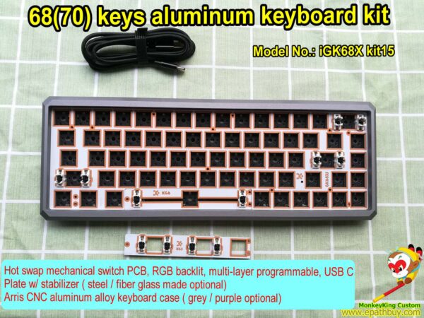 65% aluminum mechanical keyboard kit GK68X kit15,gray case, hot swap PCB, RGB backlit,multi-layers programmable, fiber glass plate,w/ detachable spacebar modules, USB type C