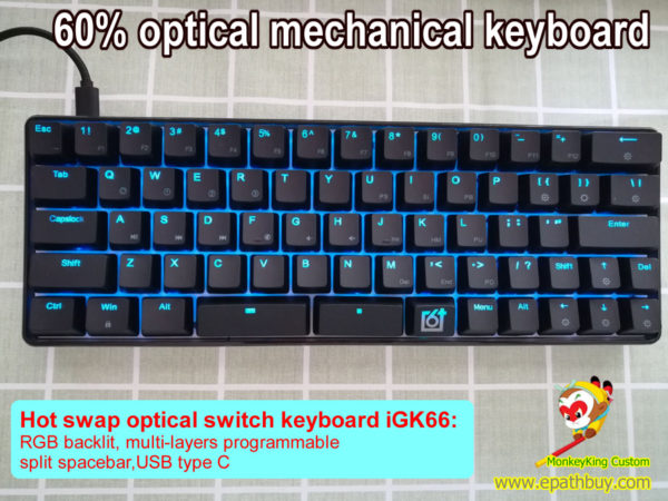 66 keys 60% compact hot swap optical switch keyboard, USB-C wired, split spacebar, RGB backlit, programmable, best optical gaming mechanical keyboard