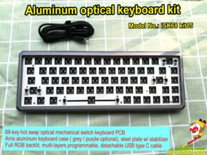 68 keys aluminum optical keyboard kit, grey / purple case optional,hot swap optical switch PCB, full RGB backlit, multi-layers programmable, detachable USB type C cable