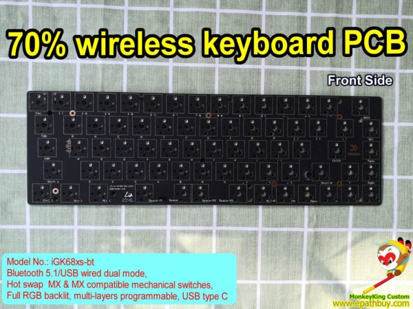 70% keyboard PCB iGK68xs-bt: hot swap PCB, 5.1 wireless bluetooth/ USB wired dual mode, 68 (or 70) keys optional