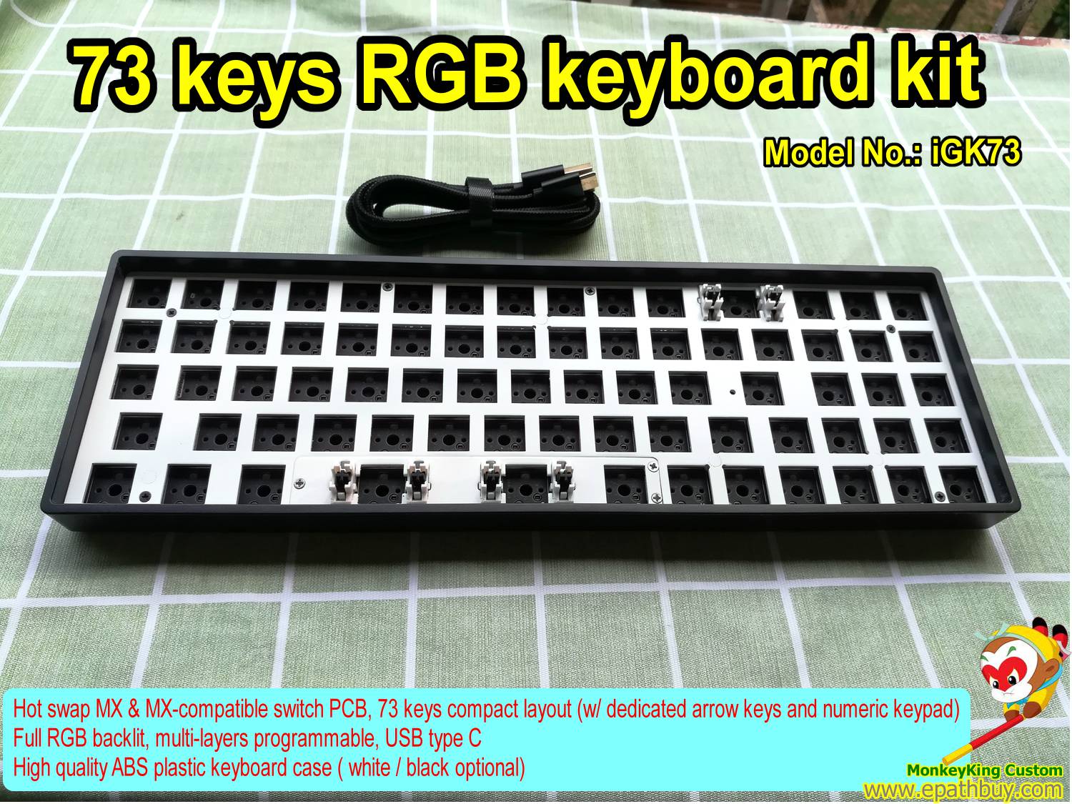 70% hot swap keyboard kit, custom 73 keys mechanical keyboard kit 