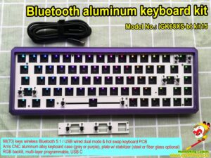 Bluetooth aluminum keyboard kit, 68(70) keys wireless Bluetooth 5.1 / USB wired dual mode & hot swap keyboard kit, custom Arris purple case, steel plate w/ detachable spacebar modules