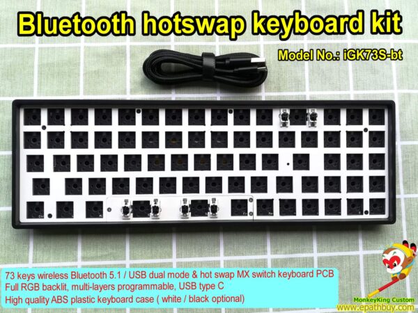 Custom 73 keys wireless Bluetooth 5.1 / USB wired dual mode & hot swap MX switch keyboard kit, 16.8M RGB backlit, multi-layers programmable, USB type C