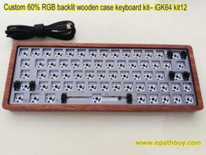 Custom 60% RGB backlit mechanical keyboard kit: wooden shell,iGK64 64-key hot swap PCB, USB type C cable