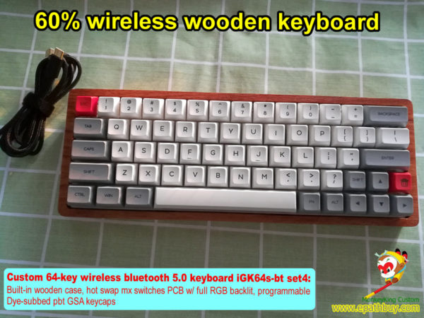60% 64-key custom wireless wooden keyboard, hot swap mx mechanical switches PCB,full RGB backlit, programmable, dye-subbed pbt GSA keycaps 