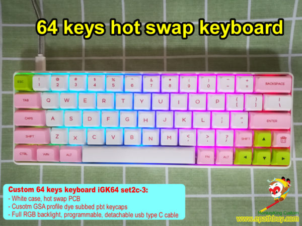 Custom compact keyboard, 60% 64 keys hot swap mechanical switch keyboard, full RGB backlit, multi-layers programmable, usb type C, GSA profile PBT dye-subbed keycaps