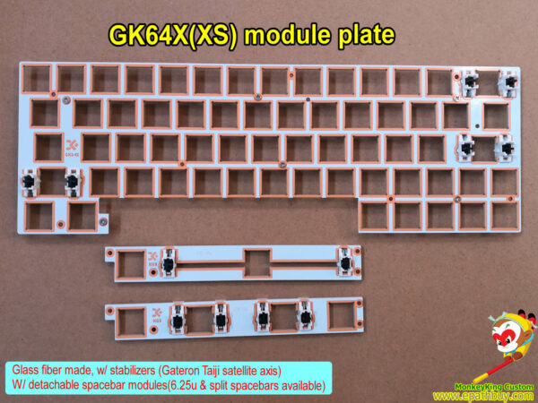 Custom glass fiber plate, GK64X(XS) module plate w/ stabilizers, w/ detachable spacebar modules(6.25u & split spacebars available)