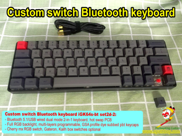 Custom mechanical switch bluetooth keyboard: 60% 64 keys hot swap PCB, rgb backlit, programmable, GSA profile pbt dye subbed keycaps – iGK64s-bt set2d-2