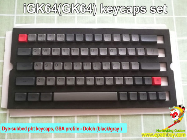 Custom keycaps set for iGK64S (GK64S) mechanical keyboard: 64 keys dye subbed pbt key caps, GSA profile - dolch(black/gray)