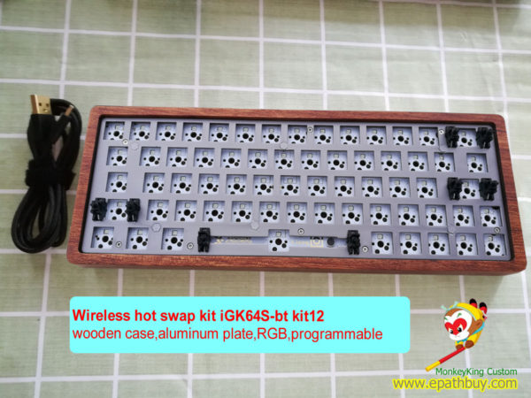 60% wireless hot swap keyboard kit: wooden shell, 64 keys bluetooth/wired dual mode, removable axis PCB,RGB, programmable