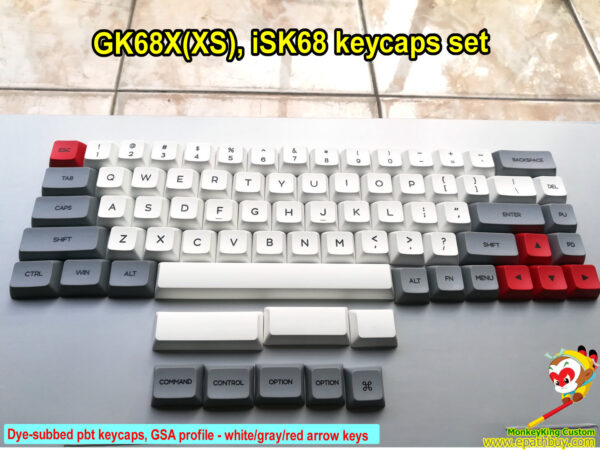 GK68X(XS) dye-subbed pbt keycaps, GSA profile - white/gray/red arrow keys, also fit for iGK68X(XS-bt), iSK68 mechanical keyboard