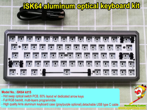 Optical switch aluminum keyboard kit, 60% 64 keys hot swappable optical PCB, RGB backlit, multi-layers programmable, high quality GK Arris aluminum case, 2021 best custom gaming keyboard kit