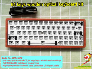 RGB optical switch wooden keyboard kit, custom iSK64 optical keyboard kit, 64 keys with arrow keys, hot swap PCB, programmable, detachable USB type C cable