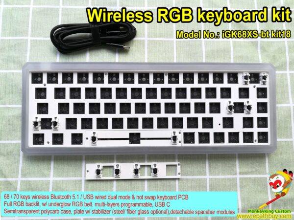 Wireless RGB mechanical keyboard kit, custom split spacebar keyboard kit, Bluetooth 5.1 / USB wired dual mode & hot swap keyboard kit, full RGB backlit, w/ underglow RGB belt, multi-layers programmable, USB type C