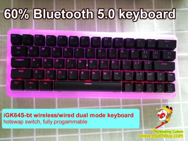 Custom 60% rgb backlit wireless bluetooth 5.0 /wired dual mode mechanical keyboard, built-in semitransparent polycarb case, hot swappable switch, programmable, 64 keys with arrow keys