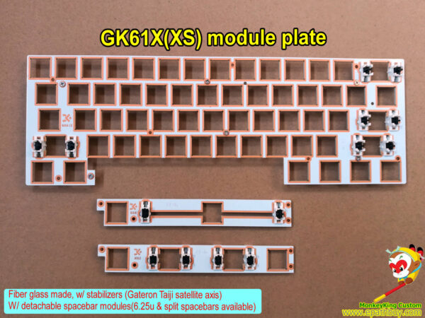 Custom GK61X plate, GK61XS module plate, fiber glass made, w/ stabilizers (Gateron Taiji satellite axis)