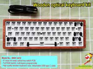 Custom optical keyboard kit iSK61 kit12, 60% 61 keys layout, hot swap optical mechanical switch, wooden case kit, RGB backlit, multi-layers programmable, USB C
