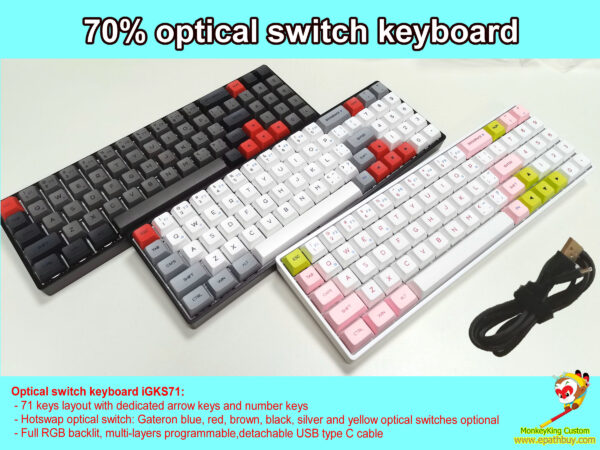 custom optical switch mechanical keyboard iGKS71: 70% 71 keys RGB programmable USB type C, GSA profile pbt dye-subbed keycaps, hotswap Gateron optical blue, red, brown, black, silver and yellow keys switches optional