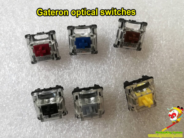 Gateron optical switches in blue, red, brown, black, silver and yellow