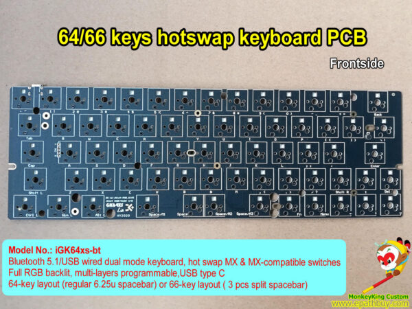 hot swap Bluetooth mechanical keyboard PCB iGK64xs-bt, 65% compact keyboard PCB, DIY 64 66 keys layout