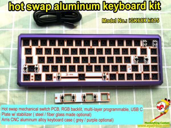 Hot swap aluminum keyboard kit iGK68X kit15, mechanical keyboard barebone kit, purple case, fiber glass plate, RGB backlit,multi-layers programmable