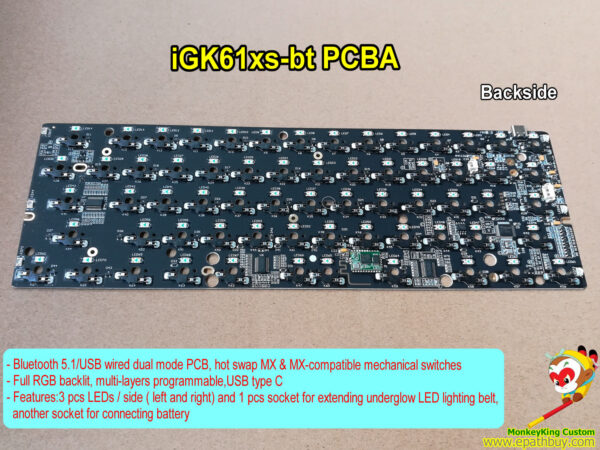 Hot swap wireless Bluetooth 5.1/USB wired dual mode mechanical keyboard PCB iGK61XS-bt, RGB backlit, multi-layers programmable
