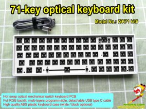Optical key switch keyboard kit iSK71 kit6: compact hot swap optical keyboard PCB, full RGB backlit, programmable, USB type C cable, 2021 best custom keyboard kit for DIY