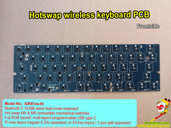 Hot swap wireless keyboard PCB, Bluetooth 5.1/USB wired 2-in-1 compact mechanical keyboard PCB, 60 percent keyboard PCB, 61 keys poker layout, 63 keys w/s split spacebar layout