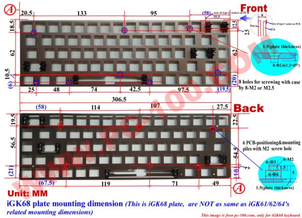 iGK68 (GK68) mechanical keyboard plate's mounting dimension