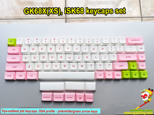 iGK68X(XS-bt) dye-subbed pbt keycaps, GSA profile - pink/white/green arrow keys, also fit for GK68X(XS), iSK68 RGB backlit mechanical keyboard