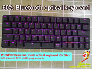 Optical modular mechanical keyboard: wired + wireless bluetooh (2 in 1), 66 keys 60% hot swappable Gateron optical key switch, RGB led backlit,programmable