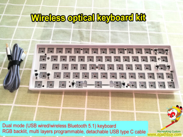 Custom wireless Bluetooth 5.1/ USB wired 2-mode hot swap Gateron optical switch mechanical keyboard kit, rgb backlit, multi layers programmable, USB type C